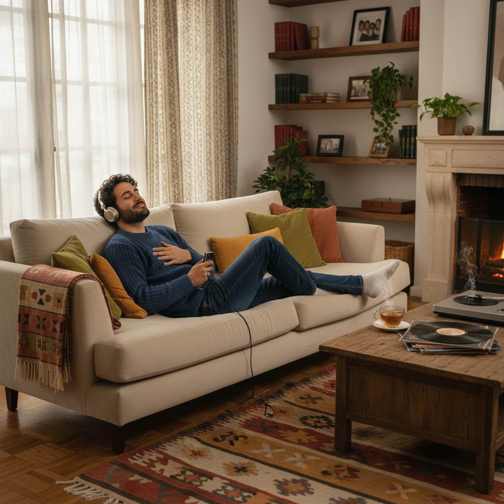 A quiet, introspective space featuring an introverted individual sitting on a cozy armchair, surrounded by soft, warm lighting. The foreground shows a stack of journals and an open book on their lap, symbolizing reflection and healing. The middle ground depicts a side table with a steaming mug of herbal tea and a small potted plant, conveying comfort and growth. In the background, a window reveals a serene garden filled with blooming flowers, representing renewal and resilience. The atmosphere is calm and peaceful, with an emphasis on personal reflection and warmth. The scene should be captured with a soft focus lens, creating a gentle, inviting ambiance that speaks to the process of mending the heart quietly and thoughtfully. No people are present.