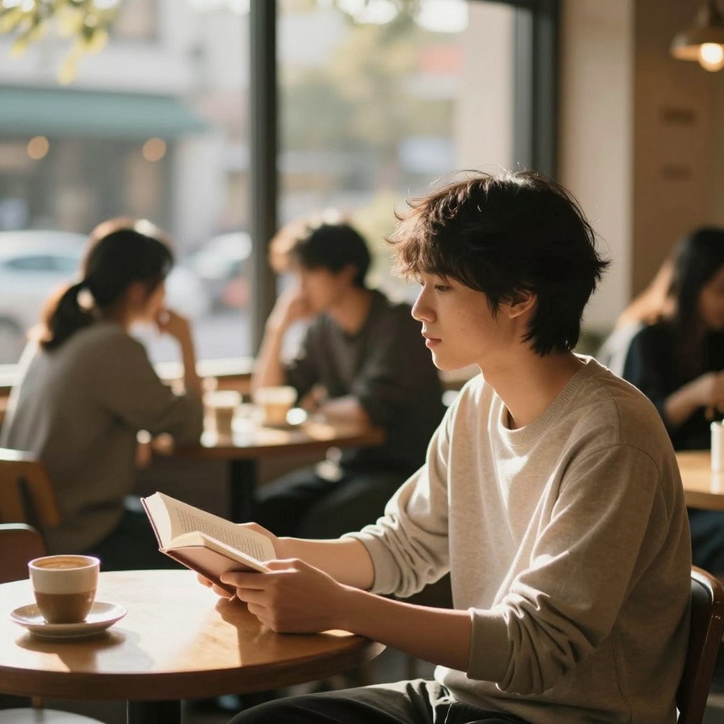 A serene café scene where a thoughtful introvert sits alone at a table, gazing out a window. In the foreground, the figure is a young adult dressed in modest casual clothing, with a gentle expression, absorbed in a book. The middle ground features a softly blurred view of other patrons engaged in conversation, suggesting a lively yet non-intrusive atmosphere. In the background, warm sunlight filters through the café window, casting a golden hue and creating soft shadows that enhance the contemplative mood. The focus is on the introvert's peaceful solitude, emphasizing their reflective nature amidst the surrounding social environment. Use a shallow depth of field to draw attention to the subject while maintaining a cozy, inviting ambiance throughout the scene.