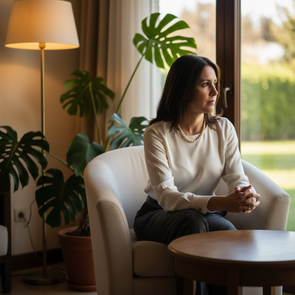 A serene indoor setting featuring a cozy corner with a plush armchair and a small table, illuminated by soft, warm lighting. On the armchair sits a thoughtful individual, dressed in comfortable yet professional attire, gazing out of a window. The expressions reflect a moment of introspection and calm withdrawal. In the background, a lush plant adds a touch of nature, symbolizing the need for space. Subtle shadows play across the room, creating a tranquil atmosphere that conveys contemplation. The lens captures the scene with a shallow depth of field, focusing on the person while softening the surrounding details, emphasizing their emotional journey of occasional retreat from social interactions.