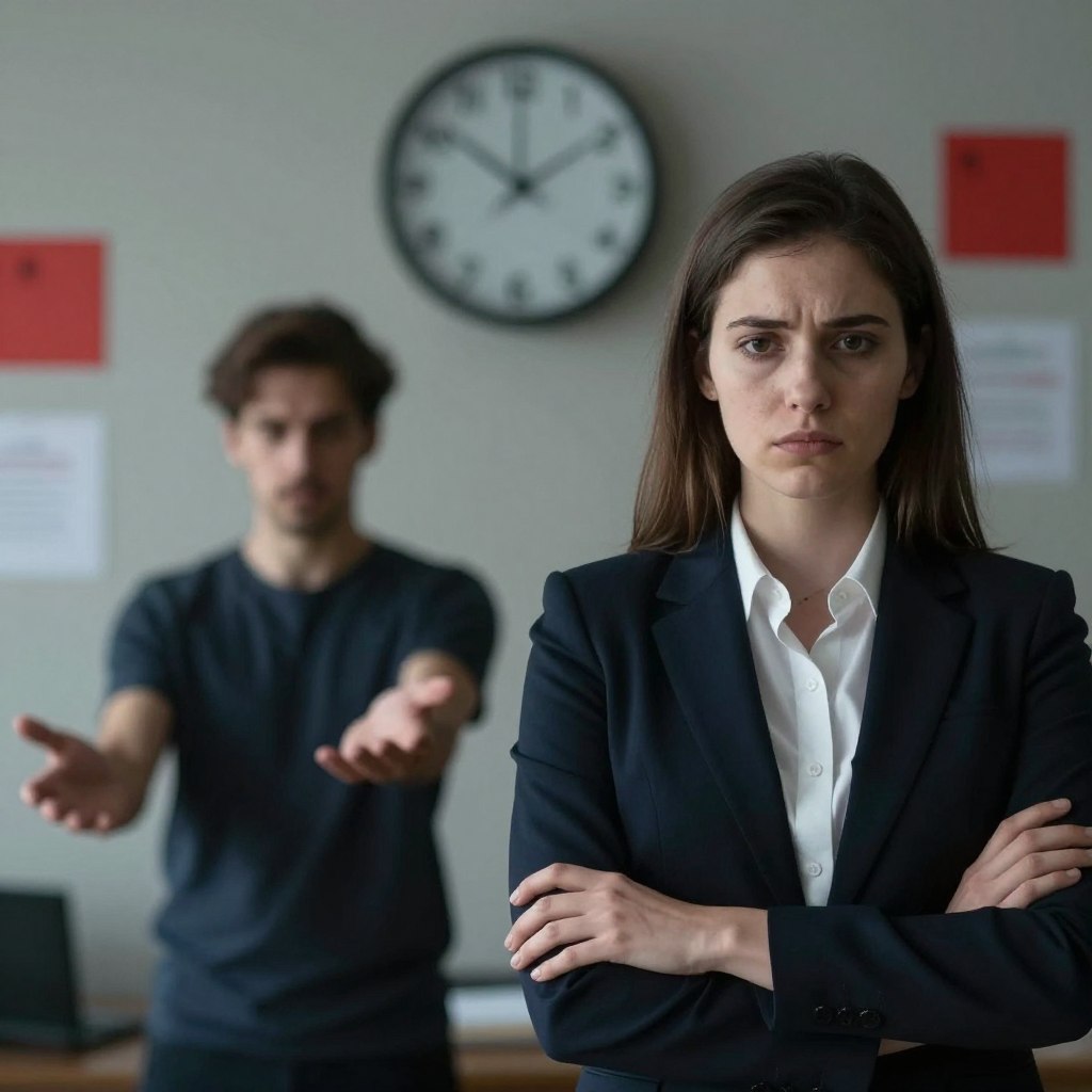 A visually striking representation of emotional unavailability red flags, featuring a split scene. In the foreground, an individual in professional attire stands with crossed arms, exuding an air of detachment and disinterest. Their expression is neutral, suggesting emotional withdrawal. In the middle ground, a blurred figure reaches out for connection, depicting longing with an outstretched hand, conveying a sense of yearning for attention. The background showcases contrasting elements, like a clock symbolizing time slipping away and a wall adorned with subtle red flags and warning signs, hinting at avoidant behavior. The overall lighting is soft but dim, creating a somber and introspective atmosphere, with a shallow depth of field to emphasize the emotional distance between the two figures. The mood is contemplative, illustrating the challenges of recognizing and confronting avoidant user behavior.