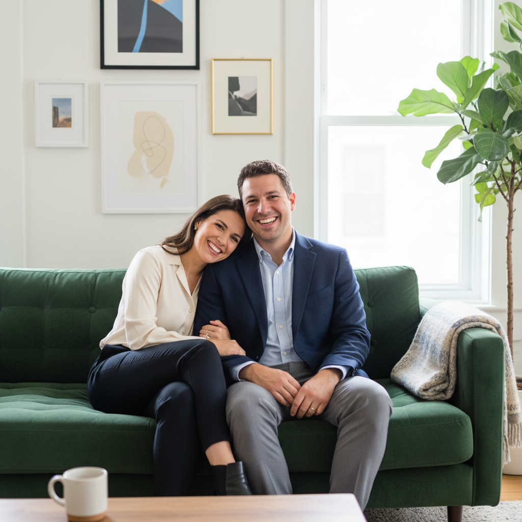 A warm and inviting scene depicting a couple sitting at a cozy dining table, engaged in a heartfelt conversation. The foreground features the couple, both dressed in casual but modest clothing, leaning toward each other with open and trusting expressions. In the middle, a soft array of plant life and dim candlelight creates an intimate atmosphere. The background showcases a softly lit living space with family photos on the wall, symbolizing shared memories and connection. The lighting is warm and soft, evoking a sense of comfort and security. The image should convey a mood of tenderness and trust, highlighting the importance of communication in building a strong relationship. The camera angle should capture the couple from a slight elevation, emphasizing their bond.