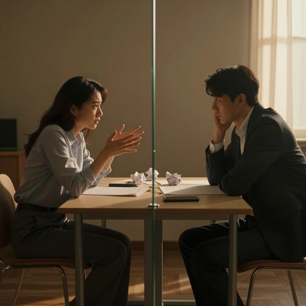 A dimly lit room with a couple sitting on opposite ends of a small table, their faces expressing frustration and confusion. In the foreground, a glass barrier separates them, symbolizing communication barriers. The couple is dressed in professional attire, with one person leaning forward, hands gesturing in an attempt to convey a message, while the other leans back, arms crossed defensively. Soft shadows enhance the tension in the scene. In the middle ground, scattered objects like a broken phone and crumpled papers represent miscommunication. In the background, warm, muted colors create an atmosphere of unresolved discord, with light streaming through a window, casting a soft glow, illustrating hope amidst the struggle. The overall mood conveys a sense of longing for connection despite the barriers. A dimly lit room with a couple sitting on opposite ends of a small table, their faces expressing frustration and confusion. In the foreground, a glass barrier separates them, symbolizing communication barriers. The couple is dressed in professional attire, with one person leaning forward, hands gesturing in an attempt to convey a message, while the other leans back, arms crossed defensively. Soft shadows enhance the tension in the scene. In the middle ground, scattered objects like a broken phone and crumpled papers represent miscommunication. In the background, warm, muted colors create an atmosphere of unresolved discord, with light streaming through a window, casting a soft glow, illustrating hope amidst the struggle. The overall mood conveys a sense of longing for connection despite the barriers.