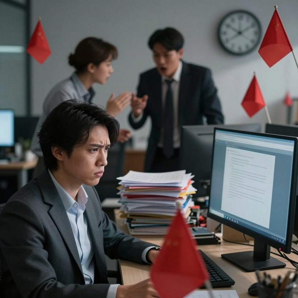 A professional office environment showing various red flags in the workplace. In the foreground, a close-up of a concerned employee in business attire, frowning while looking at a blurred computer screen displaying unclear expectations. In the middle ground, colleagues engage in a heated discussion, highlighting miscommunication and tension among team members. In the background, a messy desk with overflowing paperwork and an ominous clock showing late hours, symbolizing burnout. The lighting is soft yet dramatic, casting shadows that evoke a sense of unease. The overall mood is tense and serious, illustrating the impact of negative workplace dynamics. The composition is captured with a slightly angled perspective to enhance the sense of urgency and concern.
